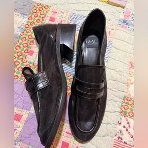 Zac Posen Ailsa Loafers in Black Mesh/Crocodile Embossed Leather: Size 7